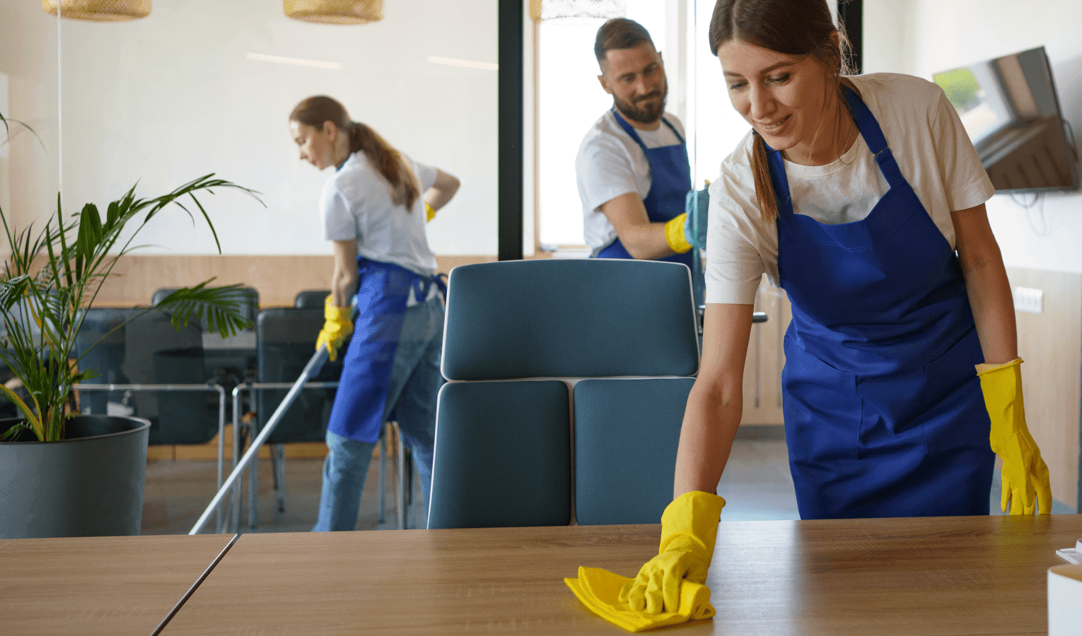 Three individuals wearing blue aprons and yellow gloves are providing cleaning services in an office space. One person is wiping a table, another is vacuuming the floor, and the third person is cleaning a window. The office features modern furniture, a television, and a potted plant.