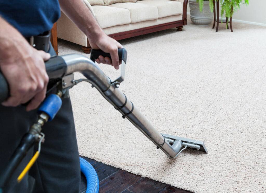 a person vacuuming carpet in a living room