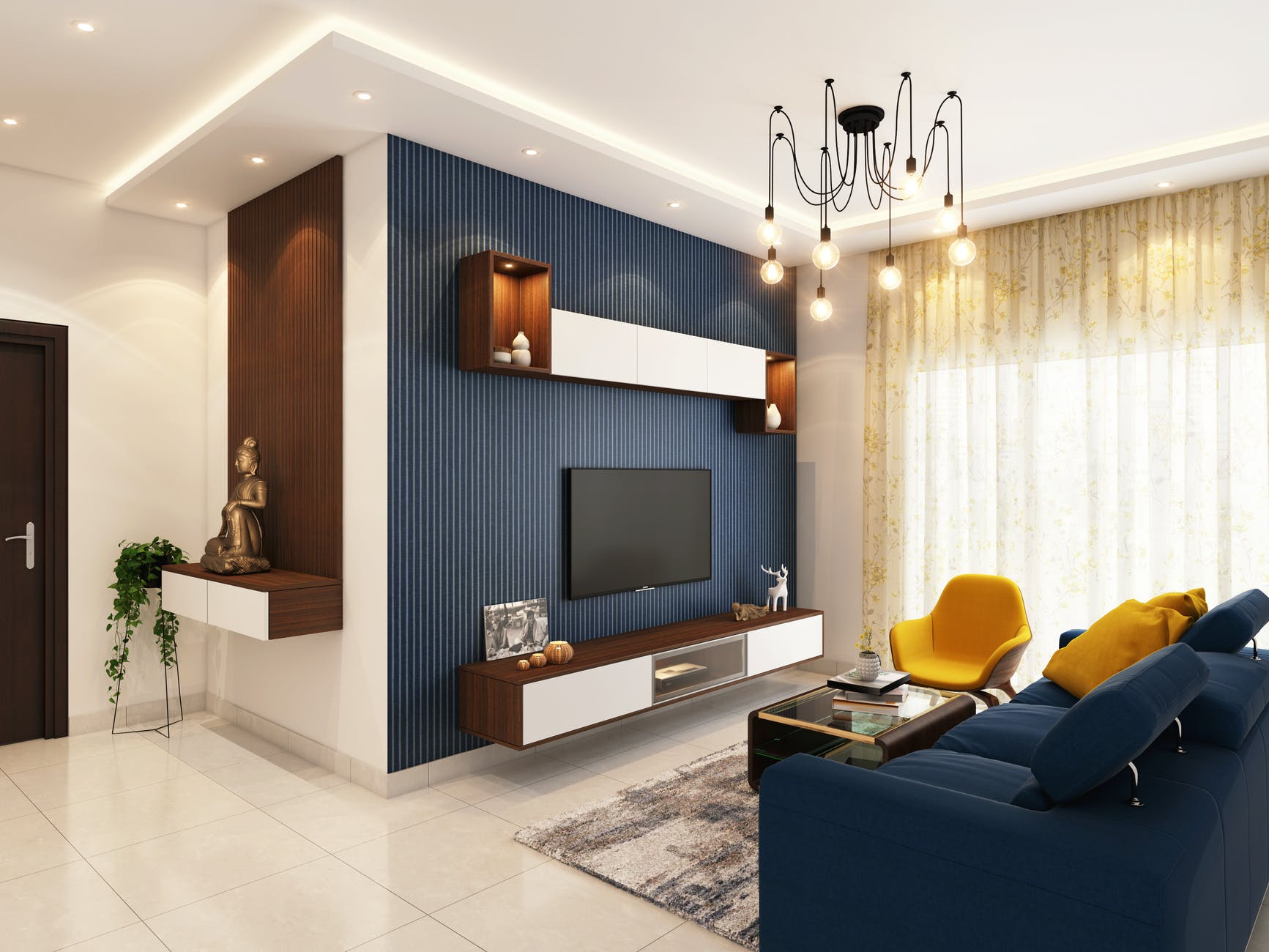 A modern lounge with a navy feature wall